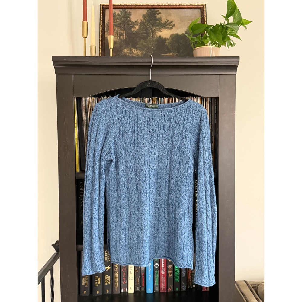 Lauren Ralph Lauren Sweater M Blue Cable Knit Boat Neck Cotton Pullover